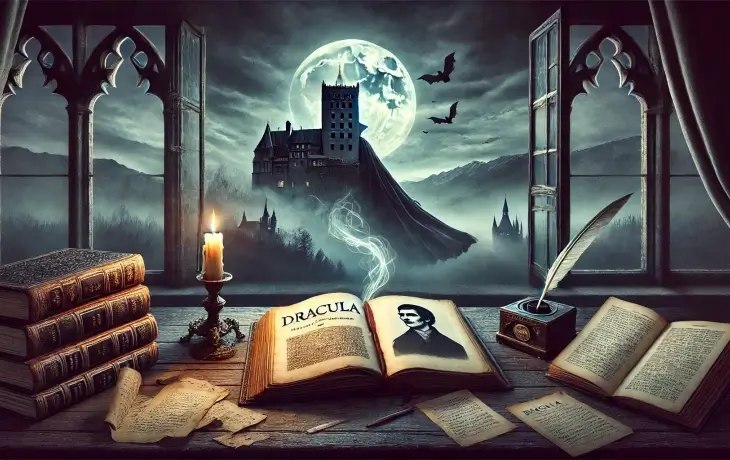 Gotik bir odada açık duran Dracula kitabı, yanında mum, tüy kalem ve eski kitaplar; arka pencereden görünen dolunaylı gece, yarasalar ve bir şato silueti.